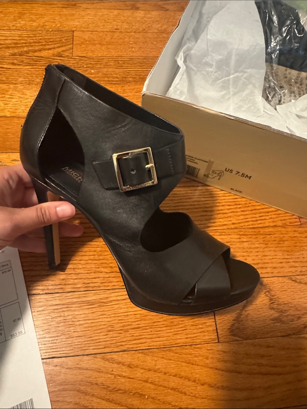 MICHAEL Michael Kors Black Strappy Wedge Sandals with Gold Buckle - Picture 4 of 6